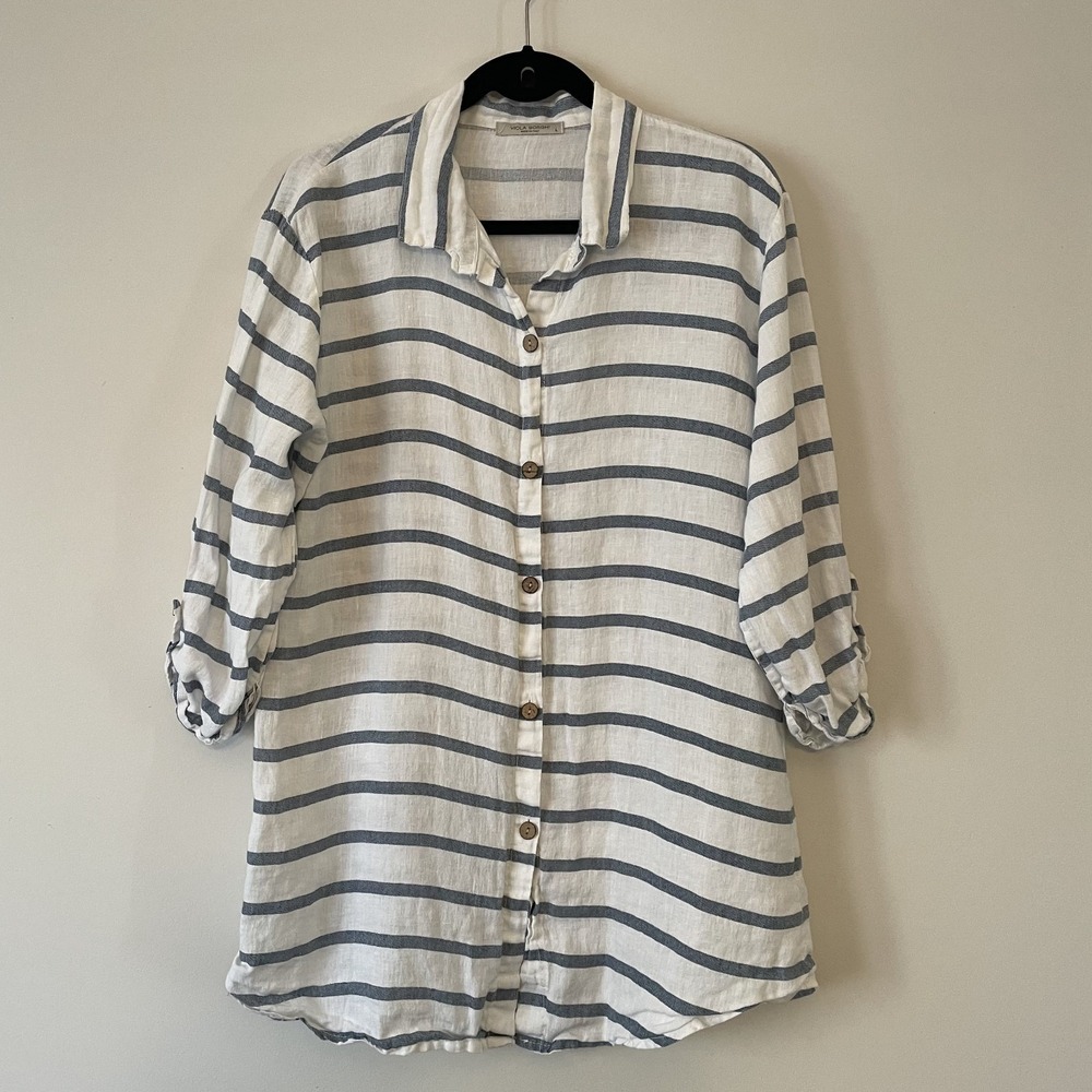 Viola Borghi 100% Linen Blue Striped Button Front Tunic Top Sz L Coastal‎ Resort